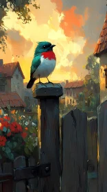 Vibrant Bird on Fence at Sunset