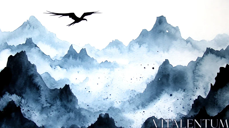 AI ART Watercolor Mountain Landscape with Bird Silhouette