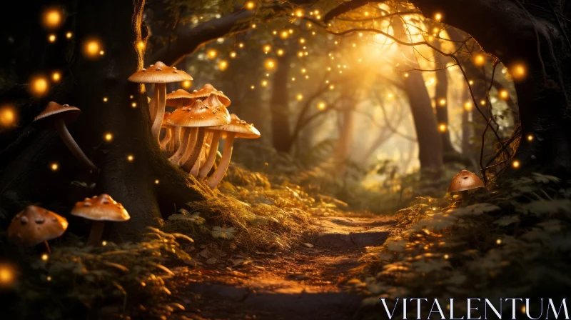 Enchanted Forest Path with Glowing Mushrooms AI Image
