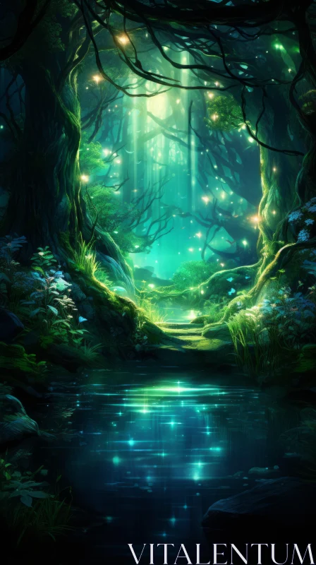 Enchanting Fairy Forest with Sparkling Water Reflections AI Image