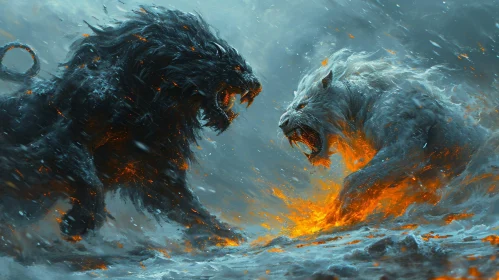 Epic Battle of Lions in Snowy Landscape - Digital Painting
