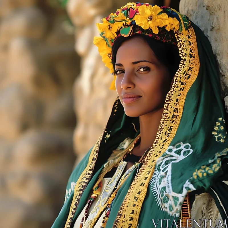 AI ART Woman in Green Dress with Floral Crown