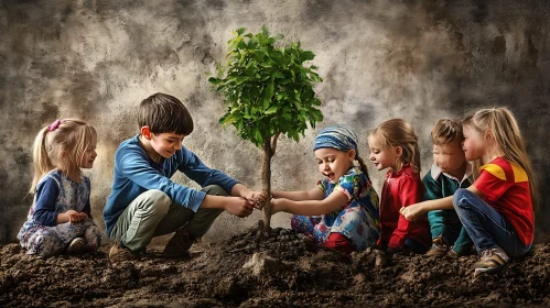 Kids Planting a Tree Together