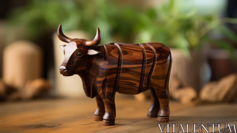 Intricate Wooden Cow Sculpture on Table – Sustainable Decorative Art AI Image