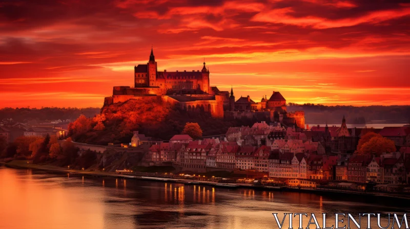 Majestic Castle on a River at Sunset with Dazzling Cityscapes AI Image