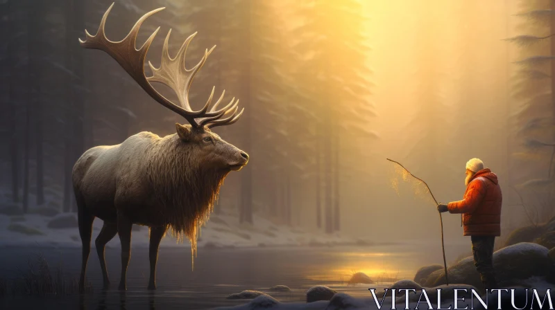 Majestic Moose and Fishing Scene in Fantasy Art Style AI Image