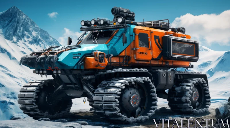 Orange Quad Vehicle in Snow-Covered Mountains | Futuristic Contraptions AI Image