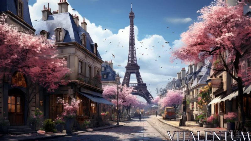 Paris City Street in Spring - Cherry Blossom Ambiance AI Image