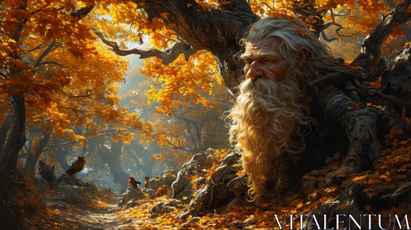 Serene Painting of an Old Man in a Forest with Fallen Leaves AI Image