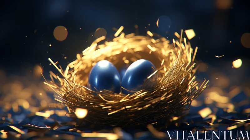 Stylized Nest with Golden Eggs - Nature Art AI Image