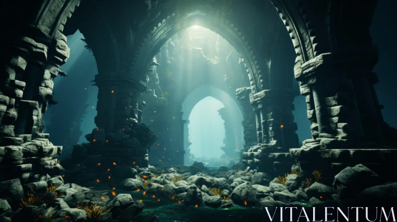 Underwater Castle in Ruins: A Majestic Display of Light and Texture AI Image
