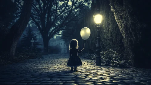 Girl Holding Balloon at Night