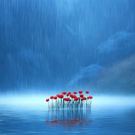 Rainy Day Red Flowers Water Reflection
