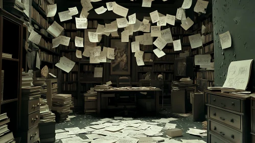 Room with Books and Floating Papers