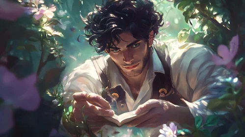 Man Reading in Floral Paradise Artwork