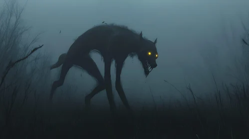 Nightmarish Creature in Foggy Landscape