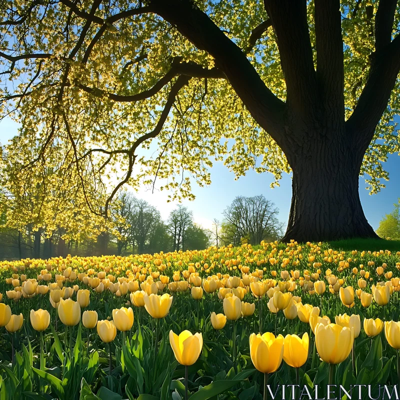 Field of Yellow Tulips in Spring