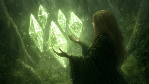 Enchanting Crystals and Woman in Forest
