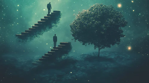 Dreamlike Ascent: Floating Stairs and Figures