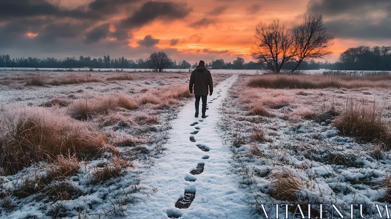 Man Walking on Snowy Path at Sunset AI Image