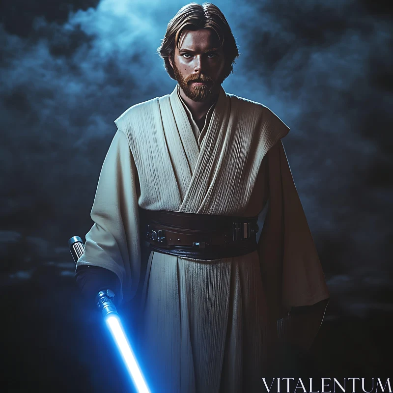 Man in Jedi Robes with Blue Lightsaber