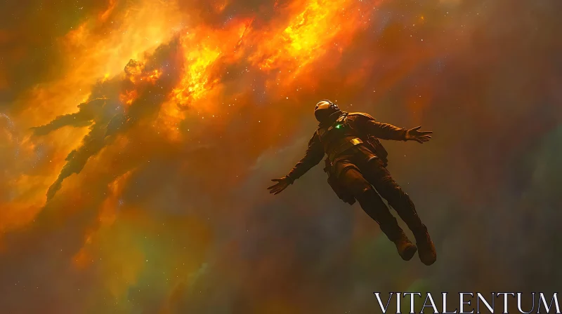 Floating Astronaut in Fiery Nebula