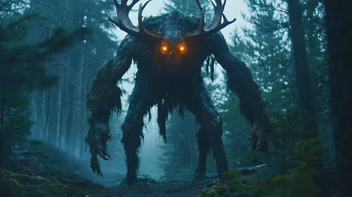 Antlered Creature in Misty Woods