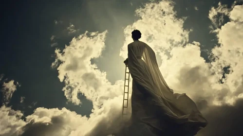 Ethereal Ascent: Person on Ladder in Clouds
