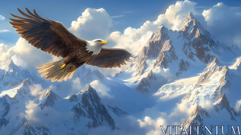 Eagle in Flight Over Snowy Mountains