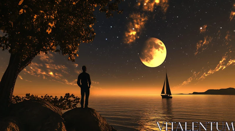 Man Staring at Moon with Boat