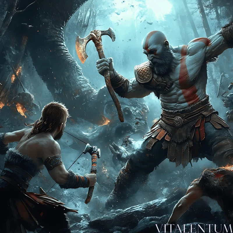 Warriors Facing Monster in Misty Forest