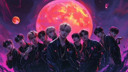 Youthful Band Under a Fiery Moon