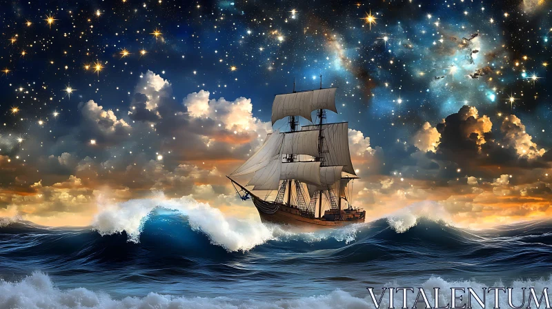 Ship Sailing Under Starry Night