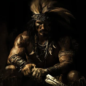 Tribal Warrior with Blade in Dark Setting