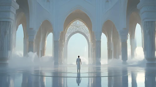 Serene White Architecture with Central Figure
