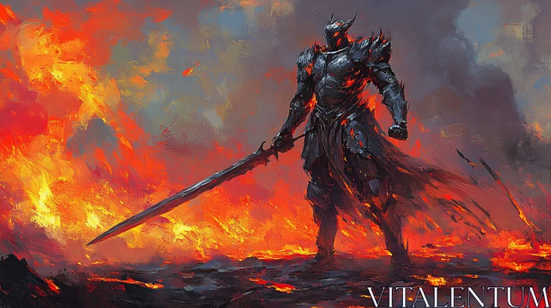 Armored Warrior in Blazing Landscape AI Image
