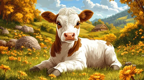 Tranquil Cow in a Lush Countryside Setting