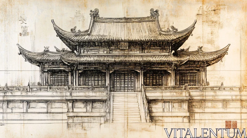 Monochrome Drawing of Traditional Asian Temple AI Image
