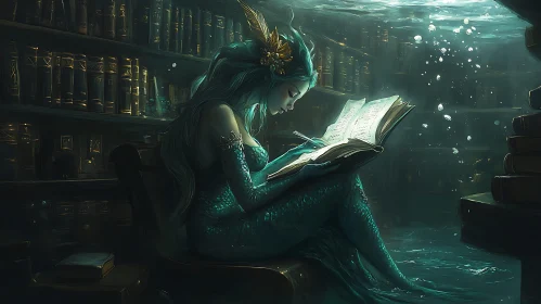 Aquatic Scribe: Mermaid in Submerged Library