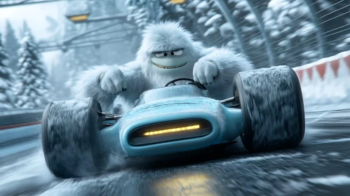 Cartoon Yeti Racing in the Snow