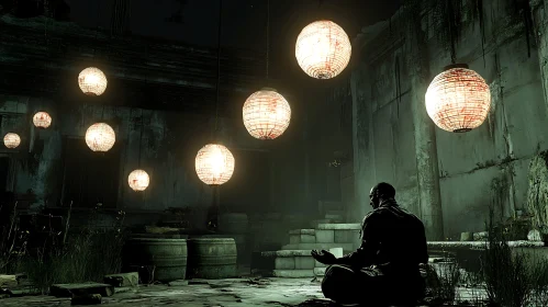 Man Meditating Beneath Glowing Lanterns