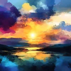 Painted Sunset Landscape with Lake