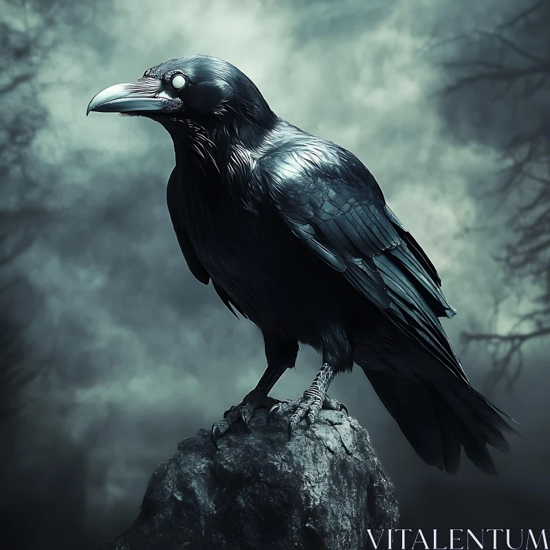 Ominous Raven Perched on Rock