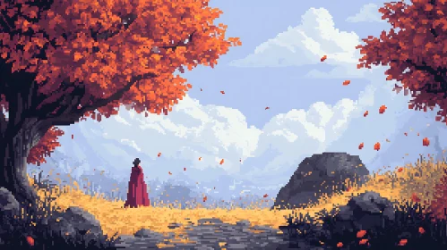 Red Cloak in Autumnal Pixel Landscape
