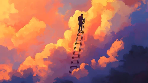 Silhouette Climbing Ladder into Cloudscape