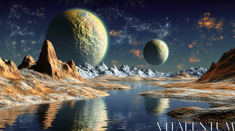 Exoplanet Vista: Mountains Reflecting Celestial Bodies