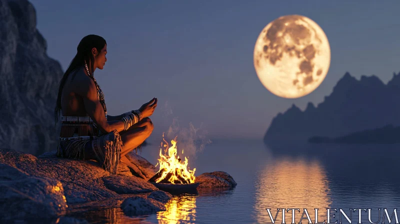 Seaside Meditation Under the Full Moon AI Image