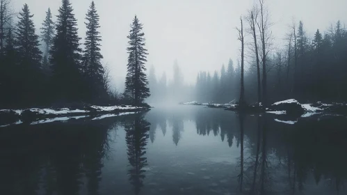 Serene Winter Scene by a Misty Lake