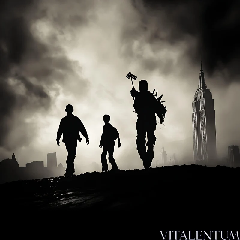 Monochrome Dystopian Cityscape with Figures