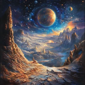 Celestial Mountainscape with Distant Planets